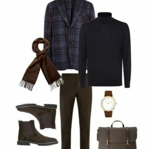 Элегантный мужской наряд для осени с пиджаком, водолазкой и стилем в нейтральных тонах