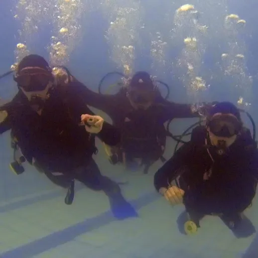 Подводное погружение группы дайверов в тренировочном бассейне в середине дня