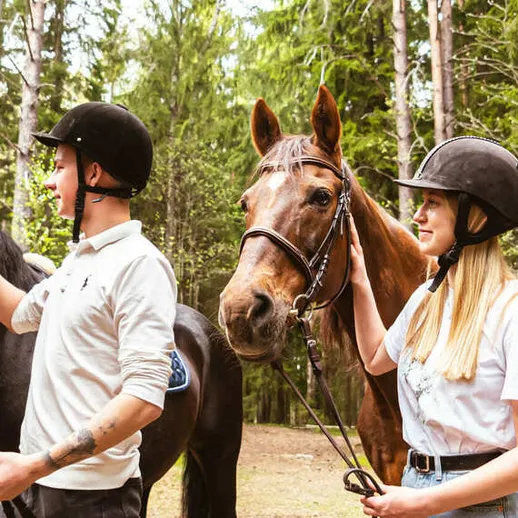 Влюблённые на прогулке на лошадях в лесу, наслаждаясь природой в солнечный день Влюблённые на прогулке на лошадях в лесу, наслаждаясь природой в солнечный день
