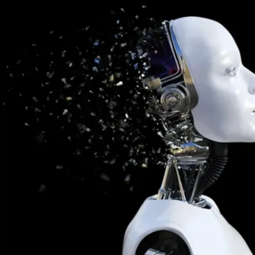 Оригинальный робот с механическим лицом, разлетающимся на частички, на черном фоне ночью