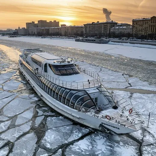 Красивый теплоход на замерзшей реке в Москве во время зимнего заката