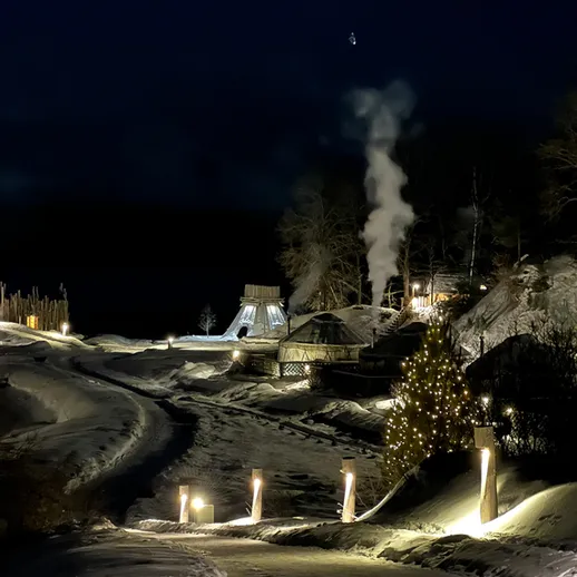 Зимний вечер в деревне с освещённой тропинкой и рождественской ёлкой среди снега