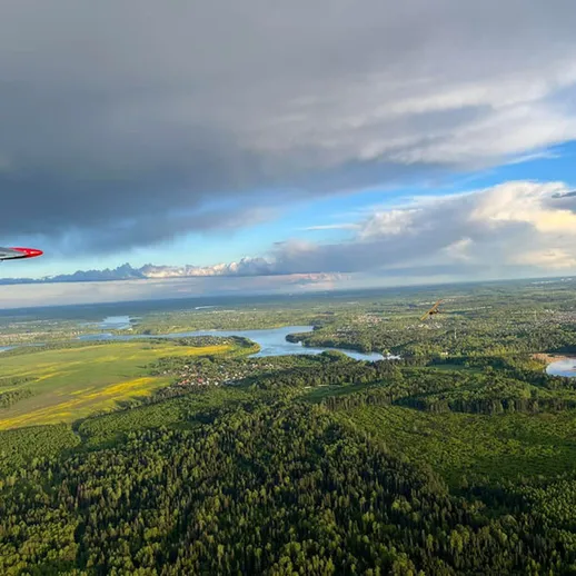 Прекрасный вид с самолета над зелеными лесами и реками в солнечный день в России