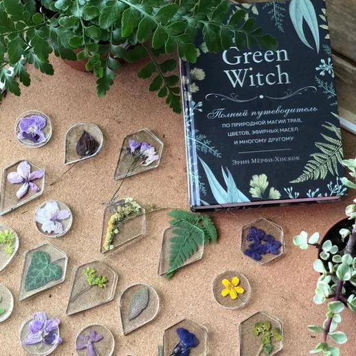 Книга о зелёной магии и засушенные цветы на столе среди растений в уютном уголке