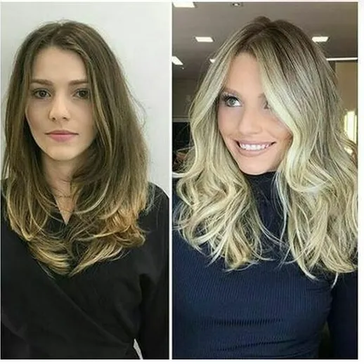 Преображение женщины с длинными волосами в стильную укладку и яркий цвет в салоне красоты