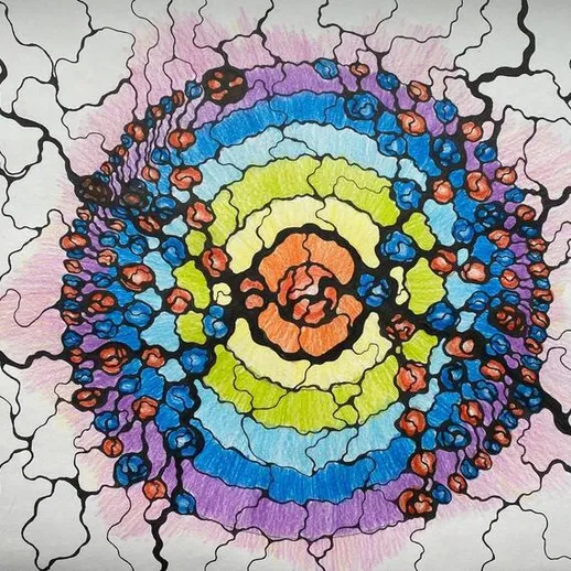 Яркий абстрактный рисунок с круговыми узорами и разнообразными цветами на бумаге