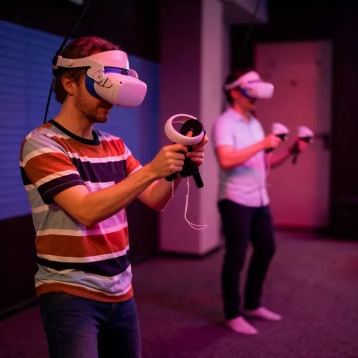 Два человека играют в виртуальной реальности в комнате с низким светом и технологическим оборудованием