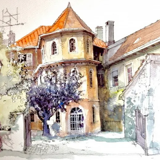 Уютный уголок города с уникальным домом и зелеными деревьями