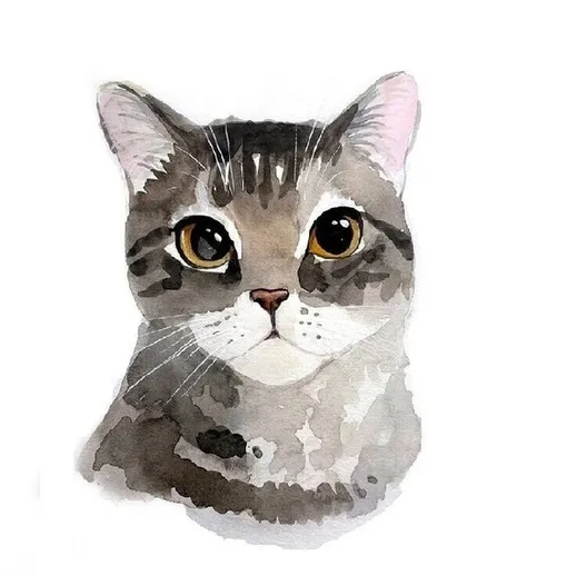 Милый рисунок серого кота с большими глазами на белом фоне