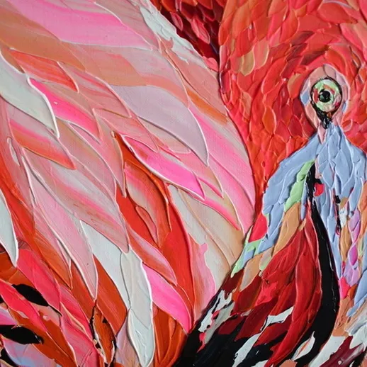 Яркий фламинго на картине с текстурой, выполненной в насыщенных pink оттенках и плавных линиях
