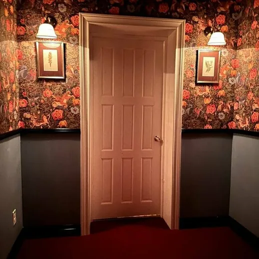 Темный коридор с цветочной обивкой и закрытой дверью в вечернее время