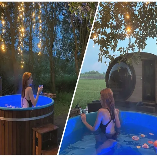 НочнаяRelaxation: девушка в купе на открытом воздухе с фонариками под звездами в загородном доме