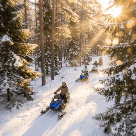 Зимняя прогулка на снегоходах по лесу в солнечный день