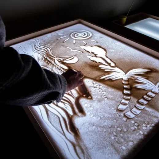 Искусство песочной анимации на выставке в современном музее, вечернее время