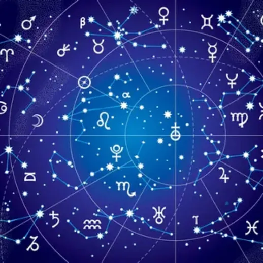 Знаки зодиака на звездном небе, созданные с использованием звездных созвездий и символов планет, в вечернее время