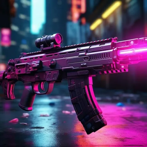 Яркое оружие в футуристическом городе с неоновыми огнями на фоне