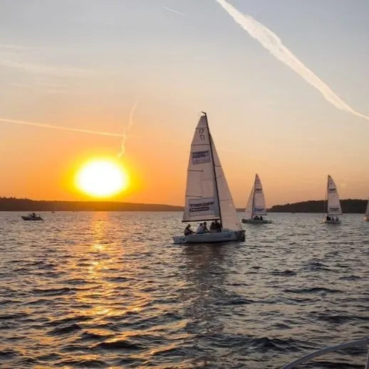 Закат над озером с парусными лодками, наслаждающимися спокойными водами