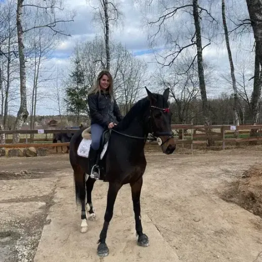 Женщина верхом на черной лошади в лесу в солнечный день