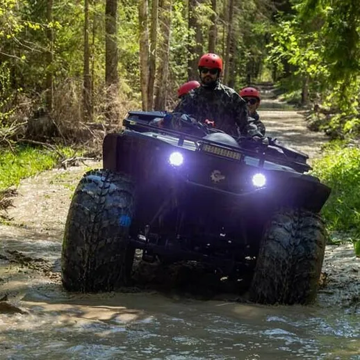 Катание на квадроцикле по лесной тропе в солнечный день с друзьями в живописной местности