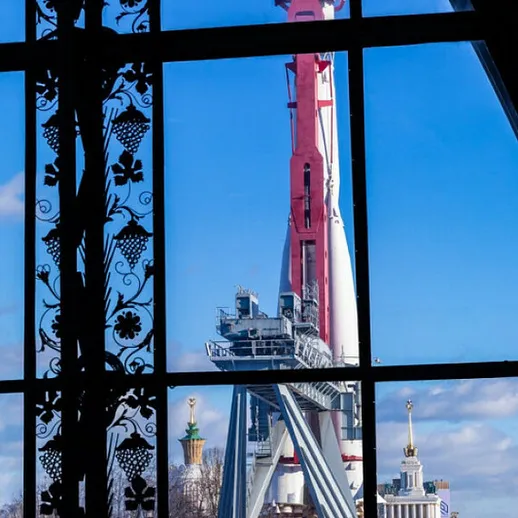 Вид на Останкинскую телебашню через окно в Москве в ясный день с цветным небом