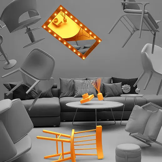 Необычное интерьерное оформление с летающими стульями и зеркалом на фоне серой стены в современном дизайне