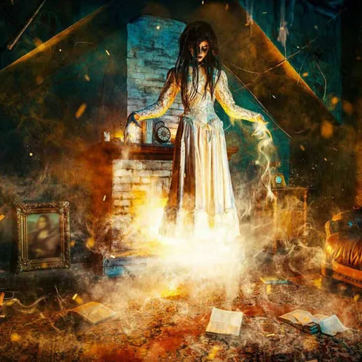 Вечерние тени: загадочная фигура в старинном доме с призрачным светом