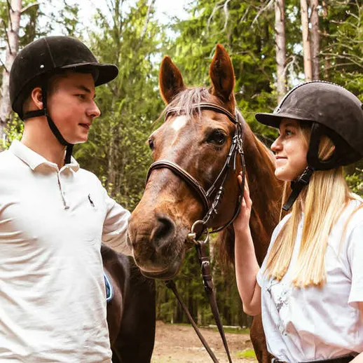 Молодая пара взаимодействует с лошадью в лесу во время конной прогулки Молодая пара взаимодействует с лошадью в лесу во время конной прогулки