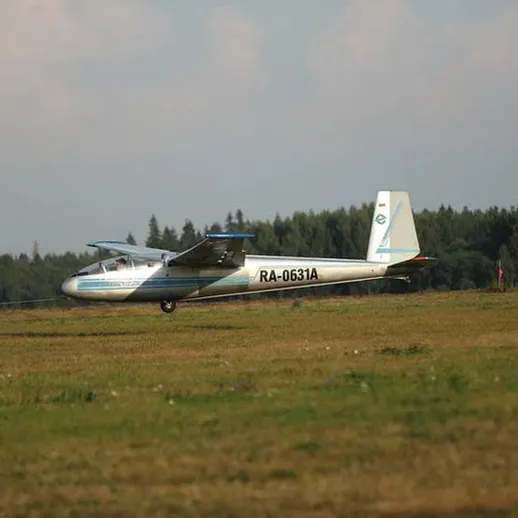 Самолет на взлете с травяного поля, окруженного лесом, в ясный день
