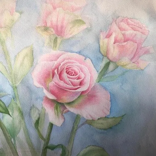 Розы на акварельном фоне с нежными оттенками в сочетании с зелеными листьями