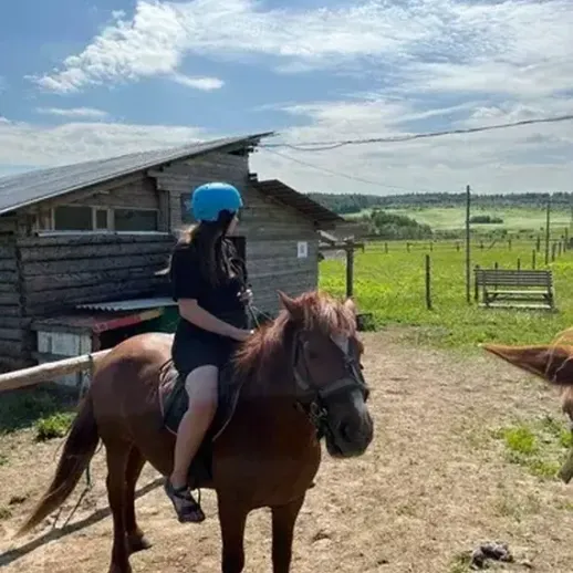 Девушка на лошади на фоне загородного дома в солнечный день