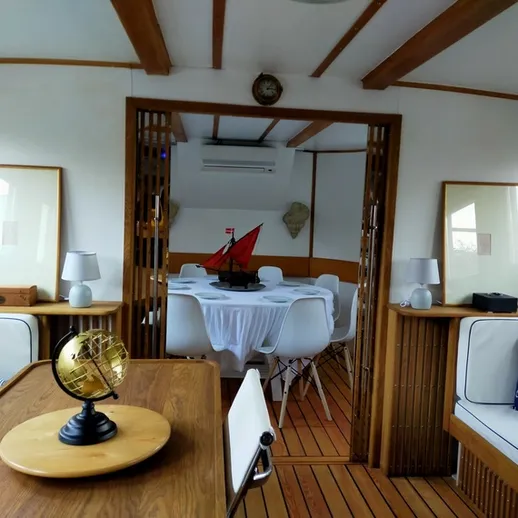 Уютный интерьер яхты с обеденной зоной и элементами декора