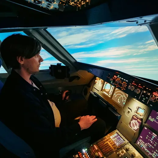 Пилот в кабине самолета во время тренировки на симуляторе в солнечный день