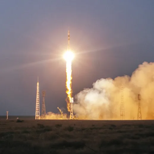 Запуск ракеты с космической площадки в темное время суток с ярким огнем и облаком дыма