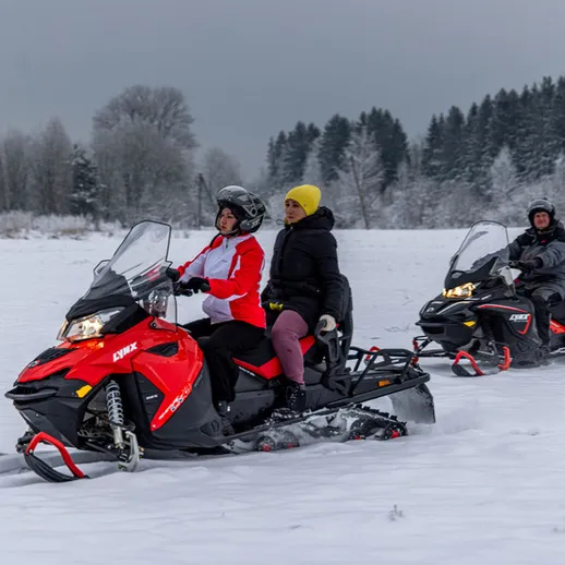 Катание на снегоходах в snowy ландшафте с друзьями зимой