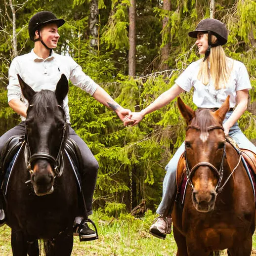 Пара верхом на лошадях в лесу, наслаждаясь моментом и общением на природе в теплый день Пара верхом на лошадях в лесу, наслаждаясь моментом и общением на природе в теплый день