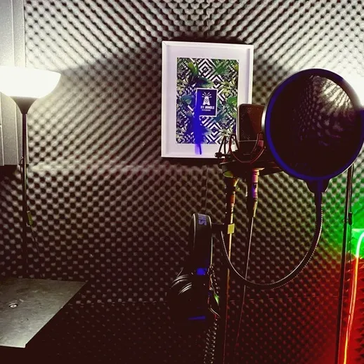 Пространство для звукозаписи в звуконепроницаемой комнате с микрофоном и освещением