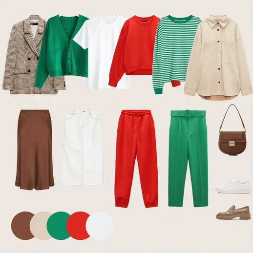 Красивое сочетание одежды для осени с разными цветами и стилями, представленное на нейтральном фоне