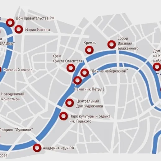 Карта Москвы с указанными достопримечательностями и местами для отдыха вдоль набережной в центре города