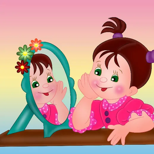 Девочка с весёлой улыбкой смотрит в зеркало и шепчет секреты на ярком фоне