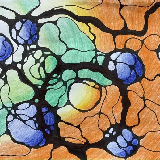 Абстрактный рисунок с цветными формами и черными линиями на фоне теплых тонов