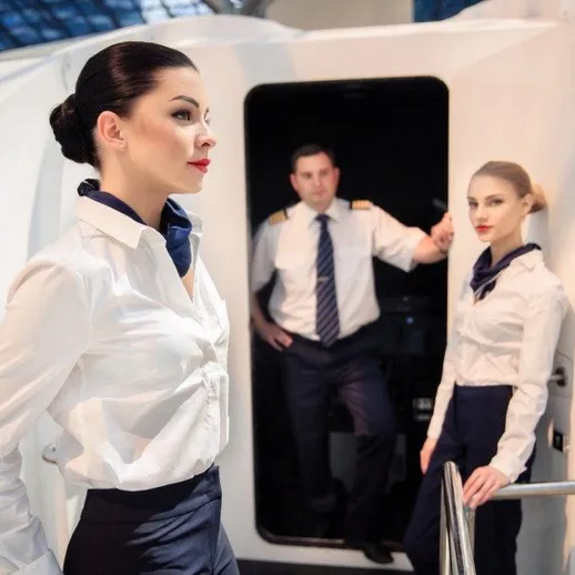 Стюардессы и пилоты на борту самолета в аэропорту