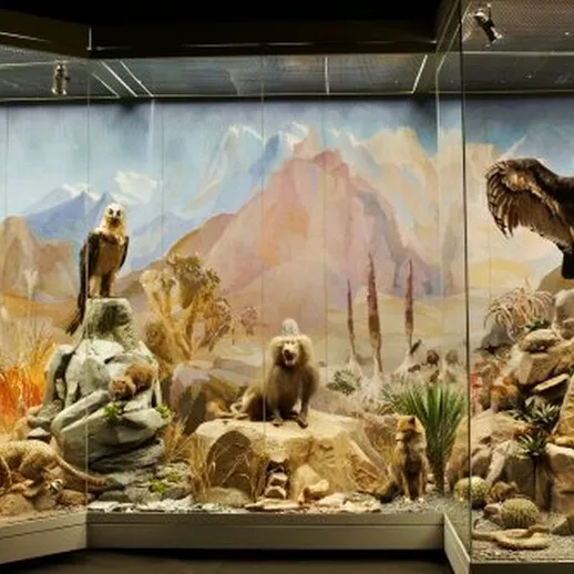 Витрина музея с таксидермированными животными из горных регионов в холодное время года