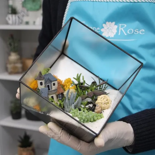 Создание террариума с миниатюрным домиком и растениями в стеклянном контейнере