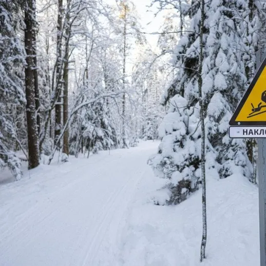 В зимнем лесу стоит знак о необходимости наклониться под ветвями