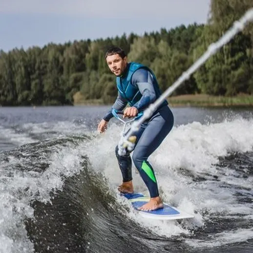 Серфингист на водном скейтборде, испытывающий удовольствие от катания на реке в солнечный день под ясным небом