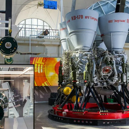 Выставка ракетных двигателей в музее космонавтики, посвящённая достижениям российской аэрокосмической отрасли