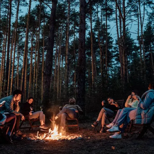 Вечерний костёр с друзьями в лесу: уютное времяпрепровождение под звёздным небом