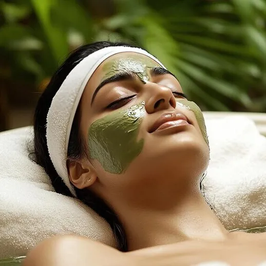 Женщина расслабляется с маской для лица в спа, окруженная зелеными растениями и мягким светом в вечернее время