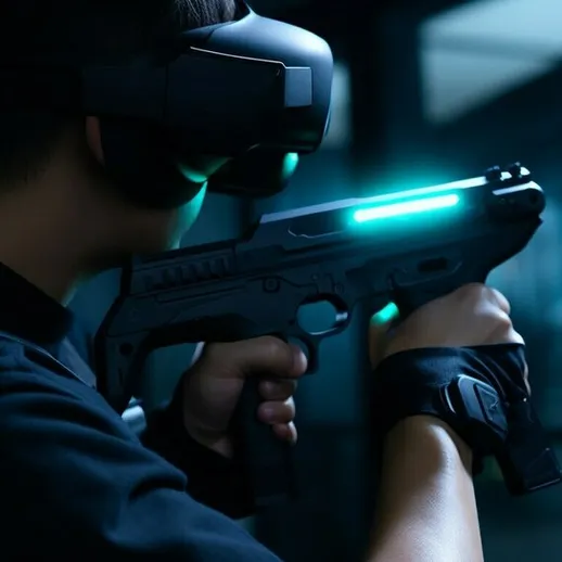 Игрок в виртуальной реальности стреляет из пистолета с подсветкой в затемненном помещении