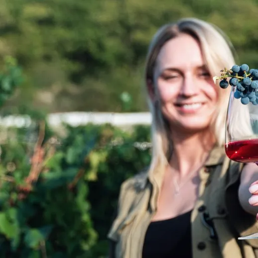 Женщина с бокалом вина на винодельне, наслаждающаяся солнечным днем и атмосферой отдыха